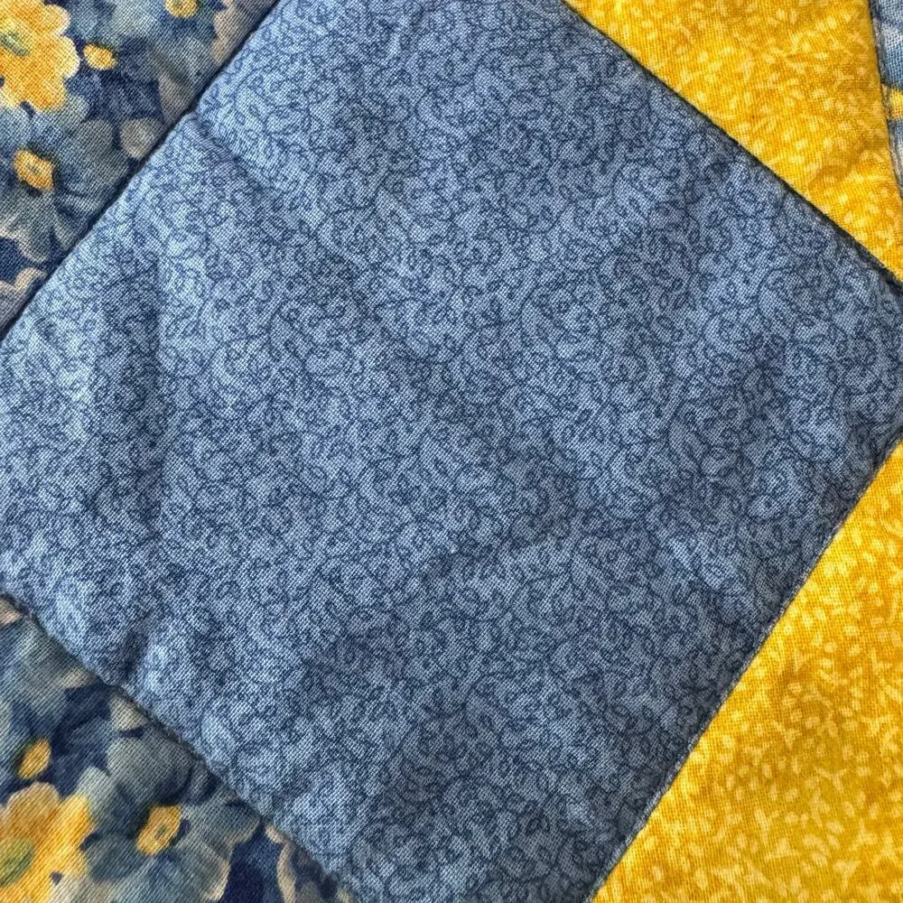 Handmade Quilted Patchwork Square Table Runner Blue Yellow Floral 12x46 Cottage